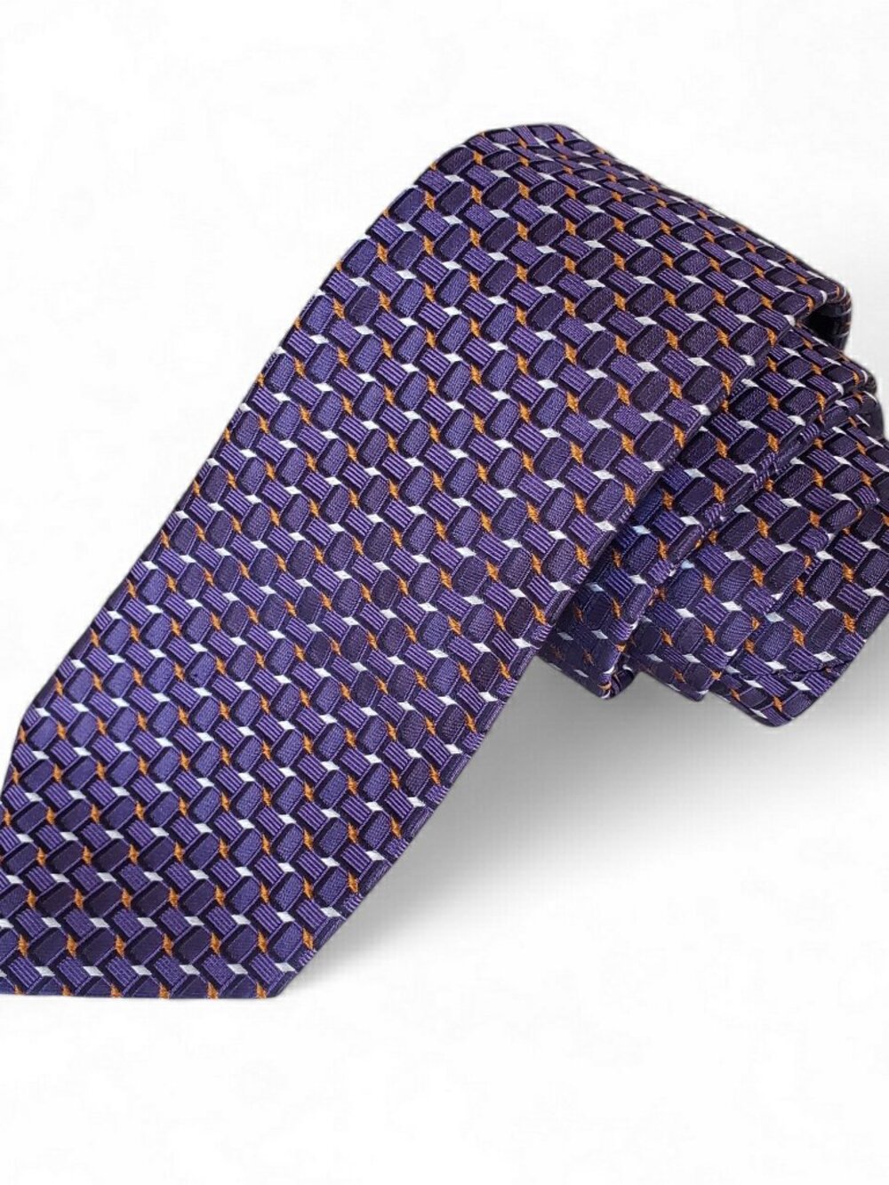 Tino Cosma 100% Silk Tie Made In Italy Purple & Orange White Geometric Pattern